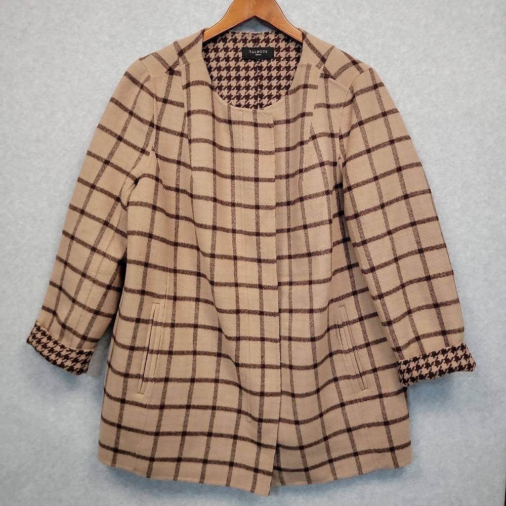 TALBOTS Women's‎ 1X Double Face Brown Plaid Topper Coat Houndstooth Windowpane